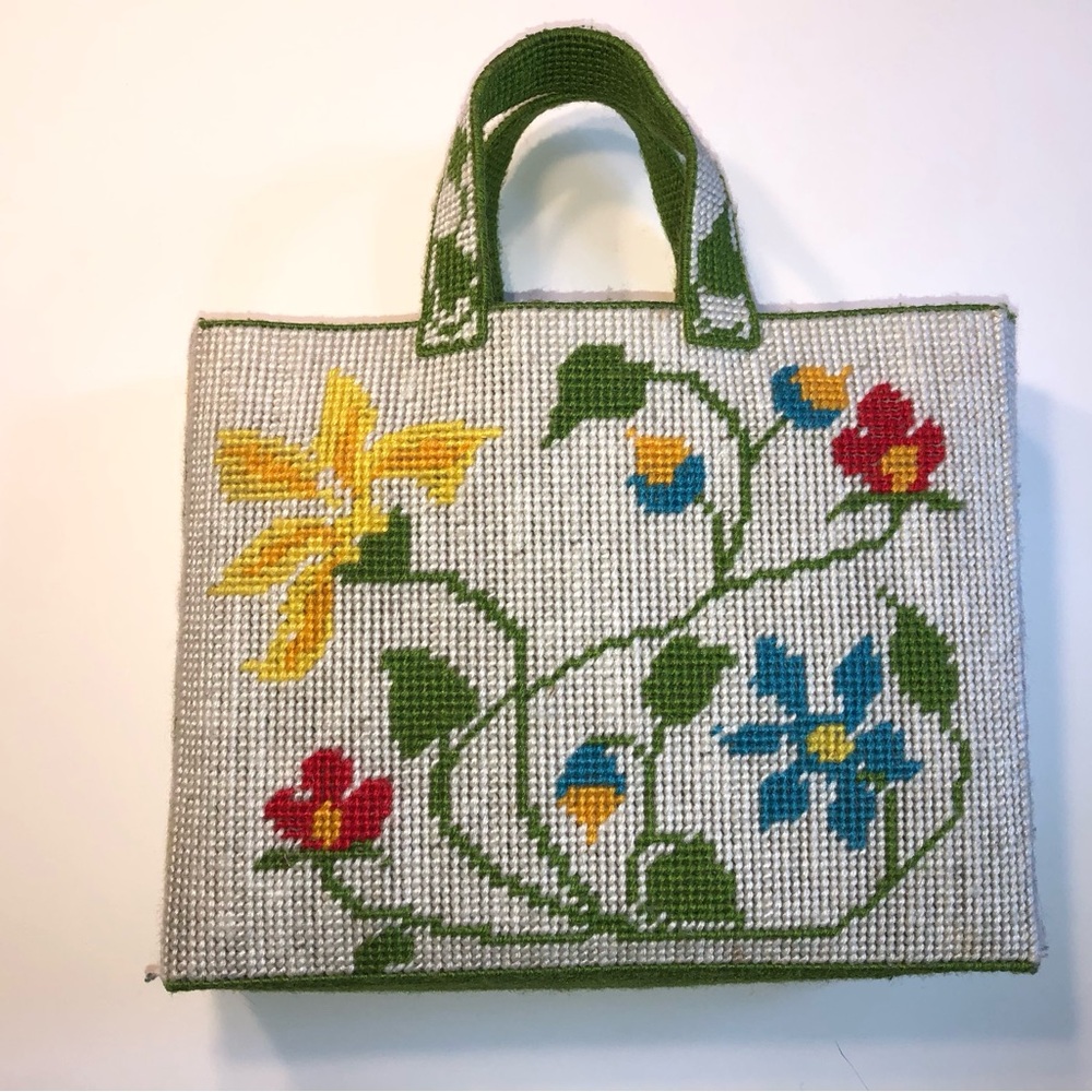 Vintage 70's Needlepoint Embroidered Floral Tote Grandmacore Carpet Purse